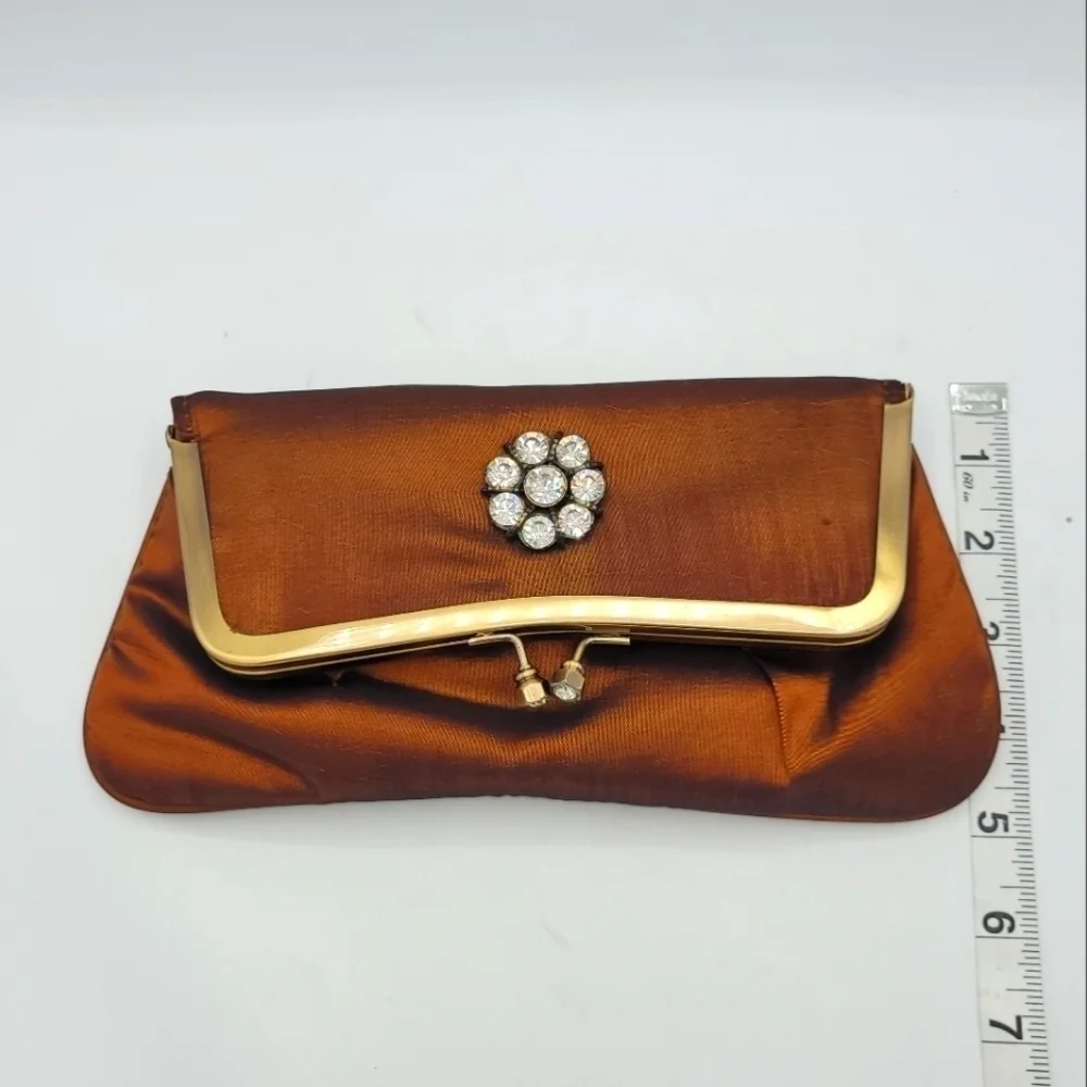 Vintage Burnt Copper Satin Fold-Over Clutch | Rhinestone Flower Details